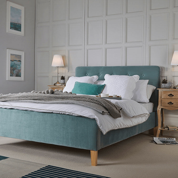 Chic Pierre Aqua Kingsize Upholstered Bed Frame: Plush Comfort, Elegant Design