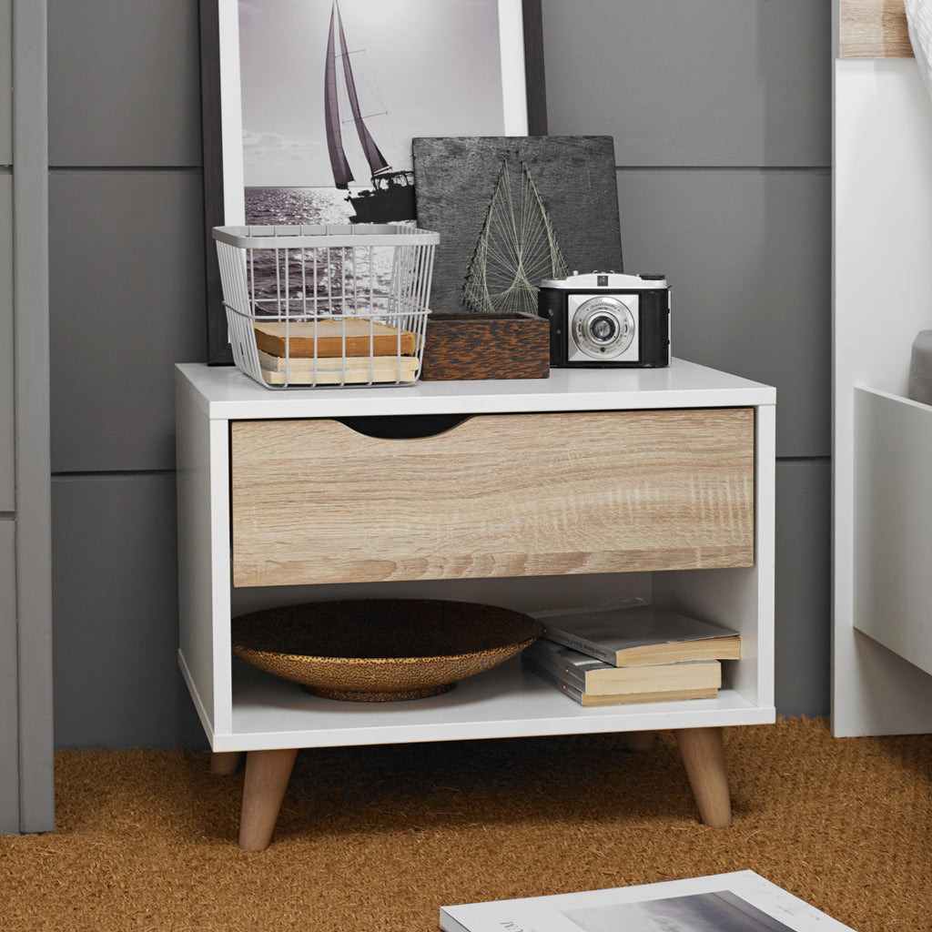 Chic Scandinavian White Oak Bedside Cabinet with Drawer for Bedrooms