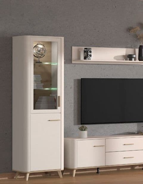 Elegant Dariqon Cashmere & Oak Effect Tall Slim Display Cabinet with Glass Door