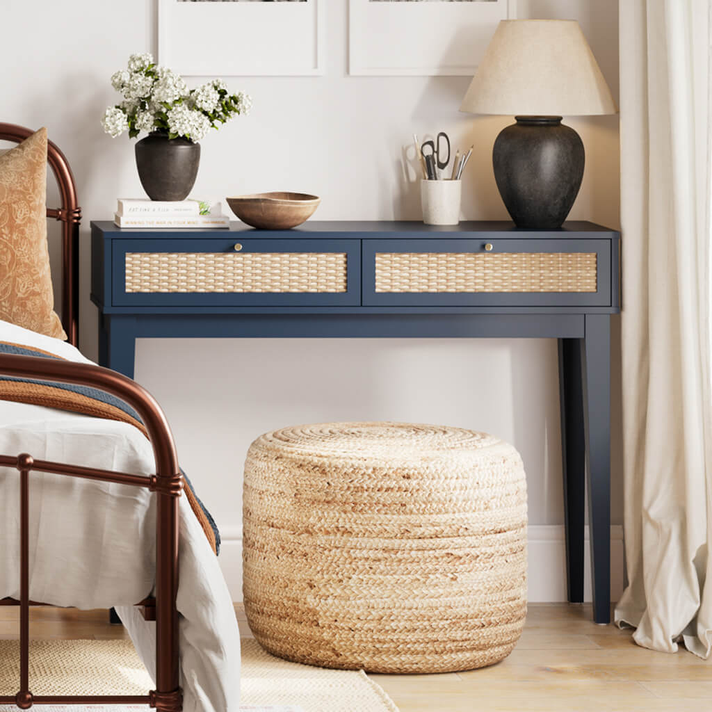 Chic Berlin Blue Dressing Table with Integrated Mirror, Generous Storage, Elegant Design