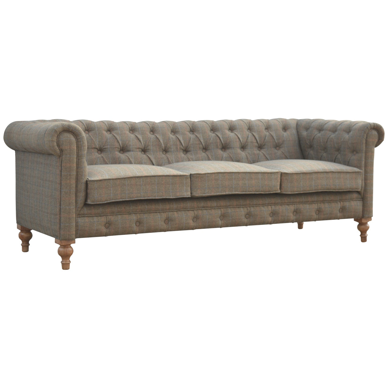 Multi Tweed 3‑Seat Chesterfield Sofa Handcrafted Solid Mango Wood