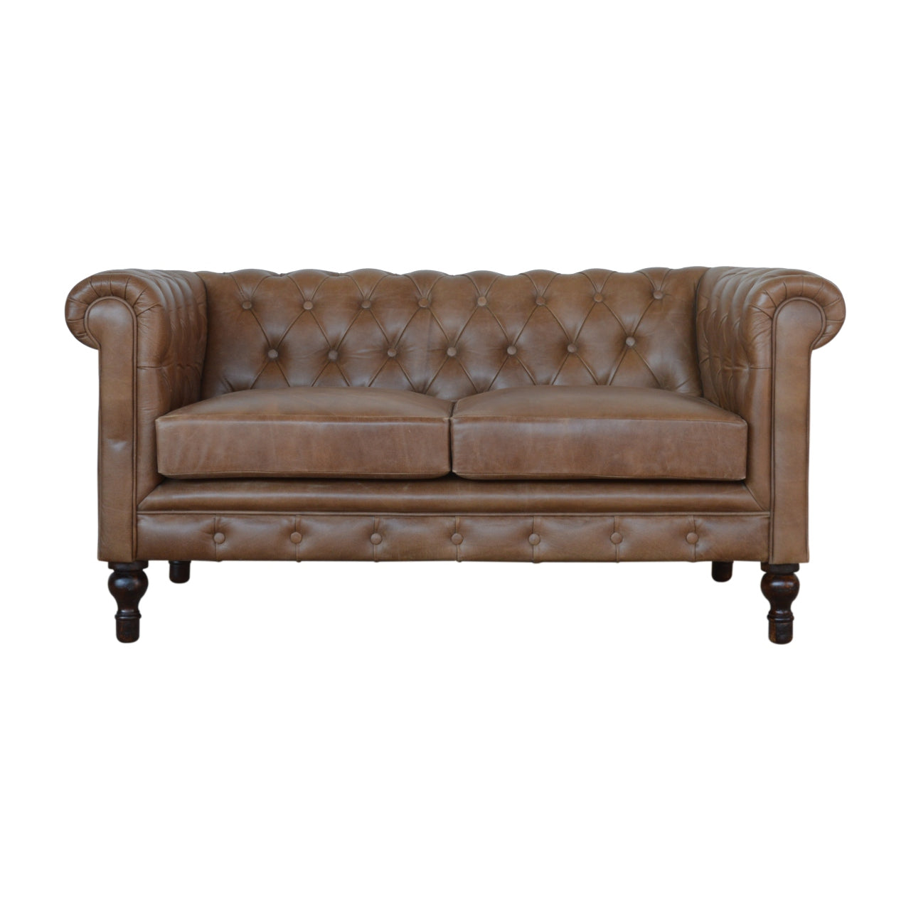 Brown Buffalo Leather Double Seater Chesterfield Sofa with Walnut Legs