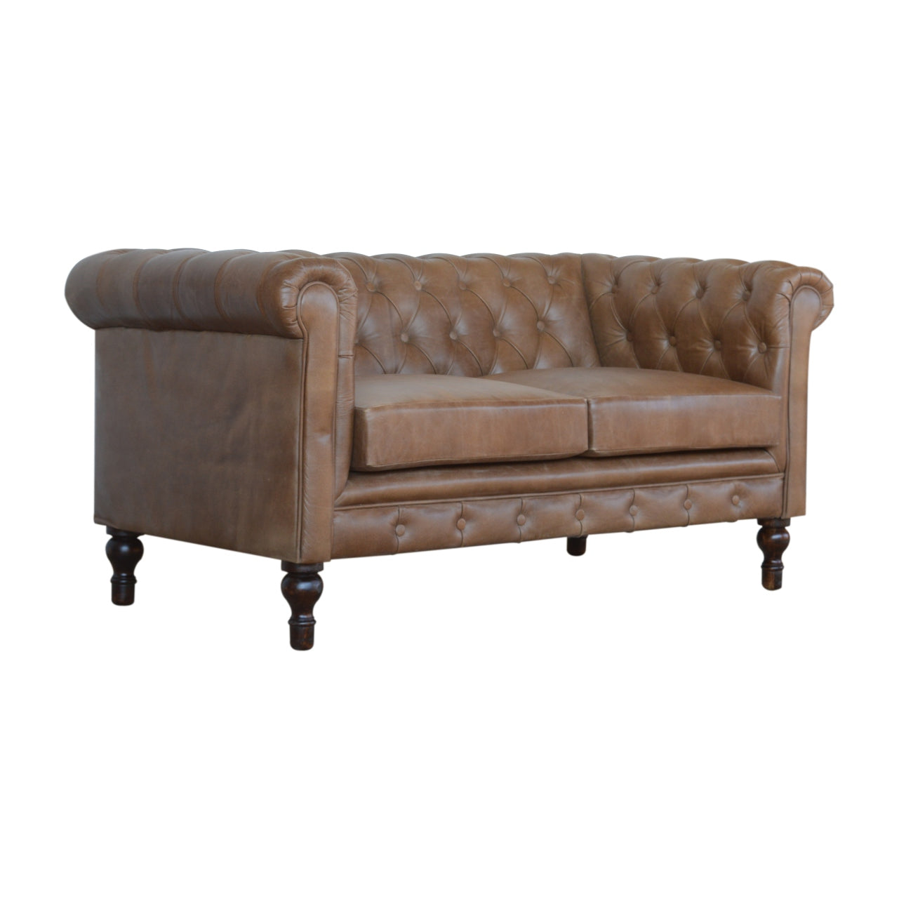 Brown Buffalo Leather Double Seater Chesterfield Sofa with Walnut Legs