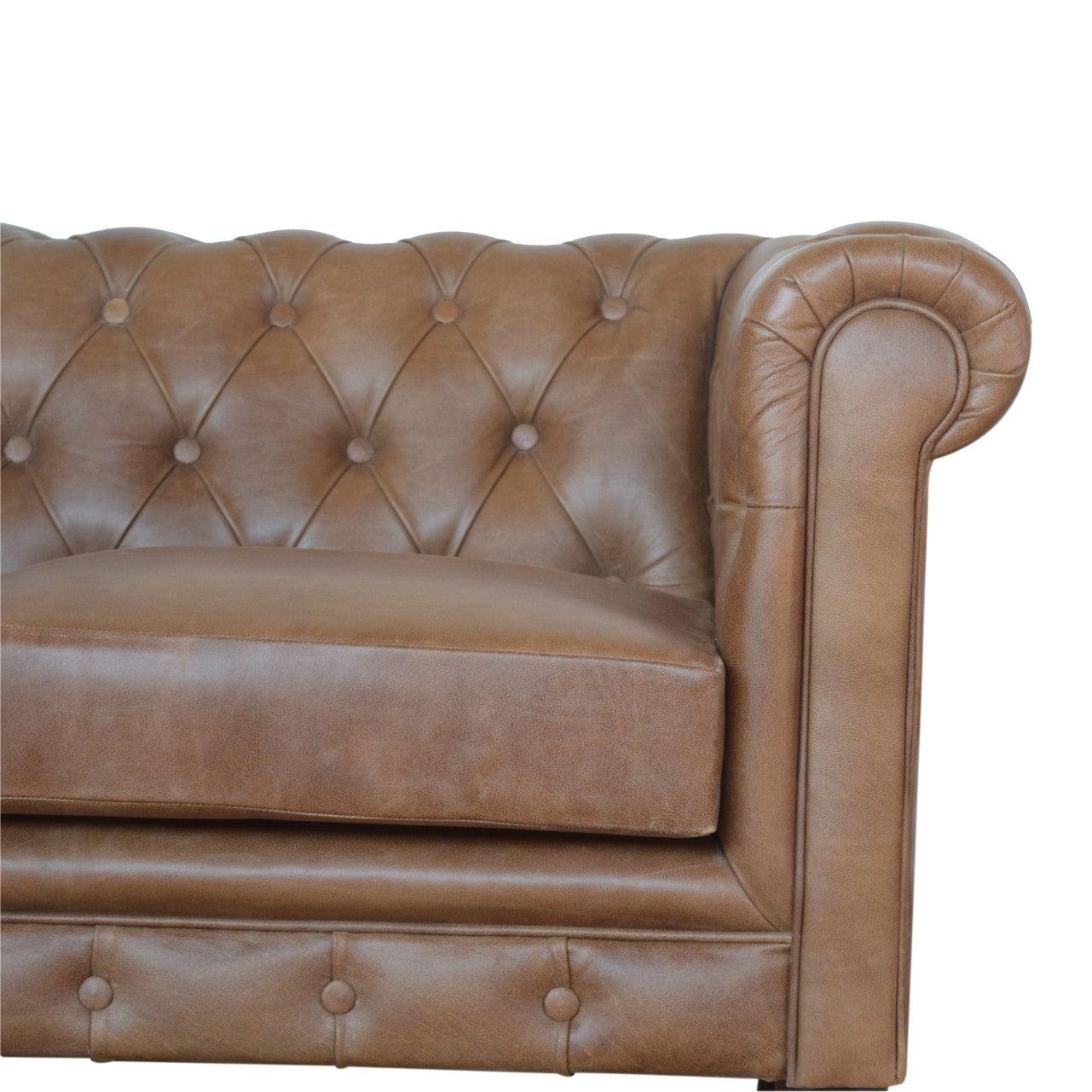 Brown Buffalo Leather Double Seater Chesterfield Sofa with Walnut Legs