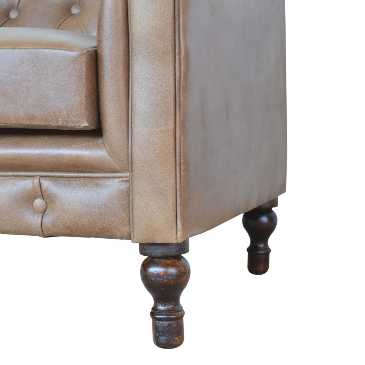 Brown Buffalo Leather Double Seater Chesterfield Sofa with Walnut Legs