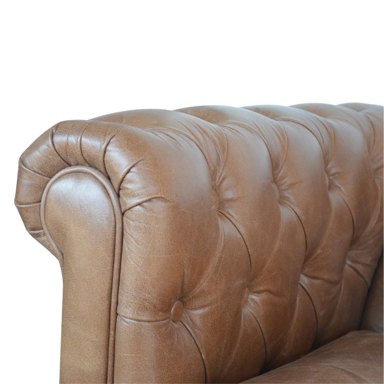 Brown Buffalo Leather Double Seater Chesterfield Sofa with Walnut Legs