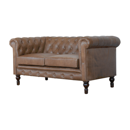 Brown Buffalo Leather Double Seater Chesterfield Sofa with Walnut Legs