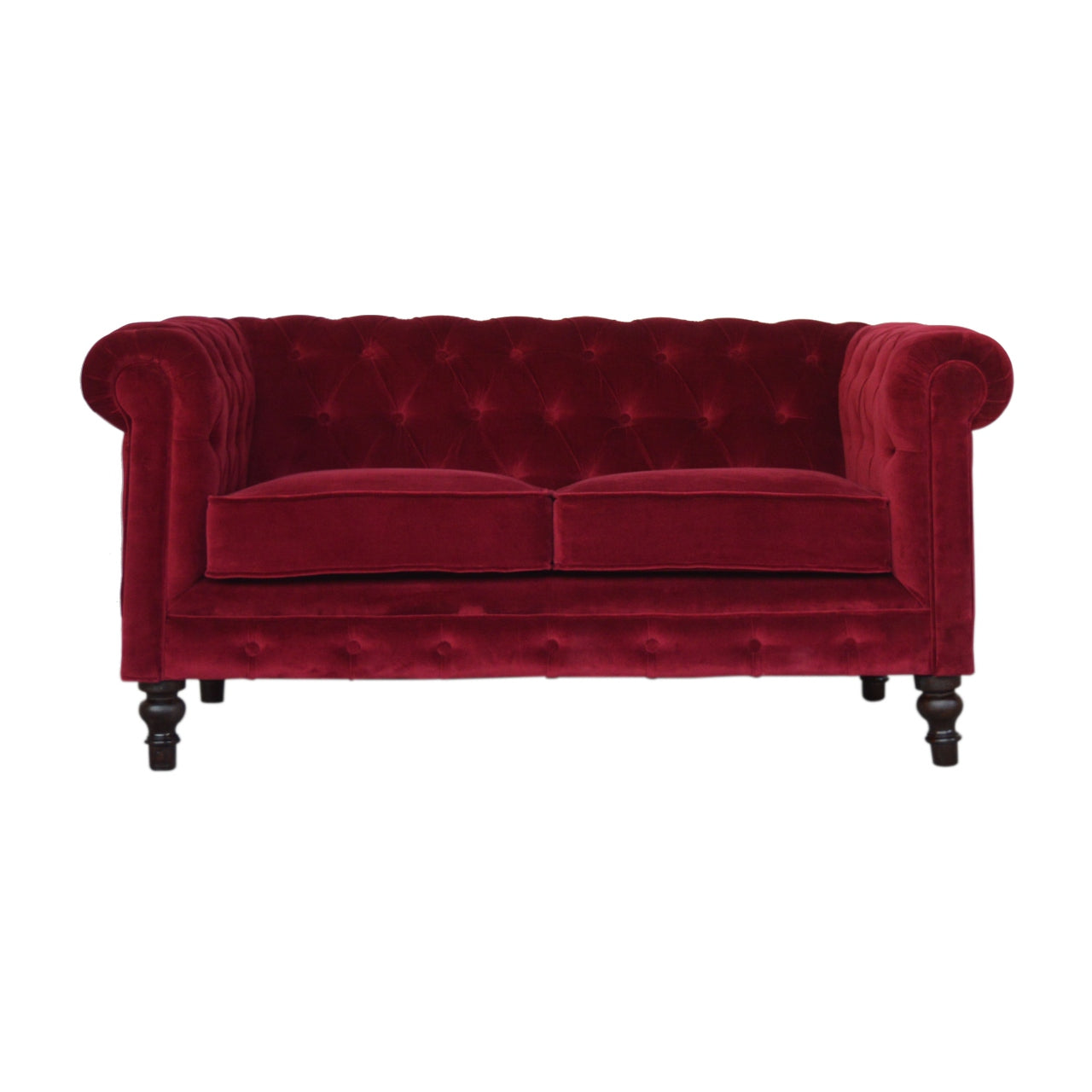 Luxurious Wine Red Velvet Chesterfield 2‑Seater Sofa with Walnut Legs