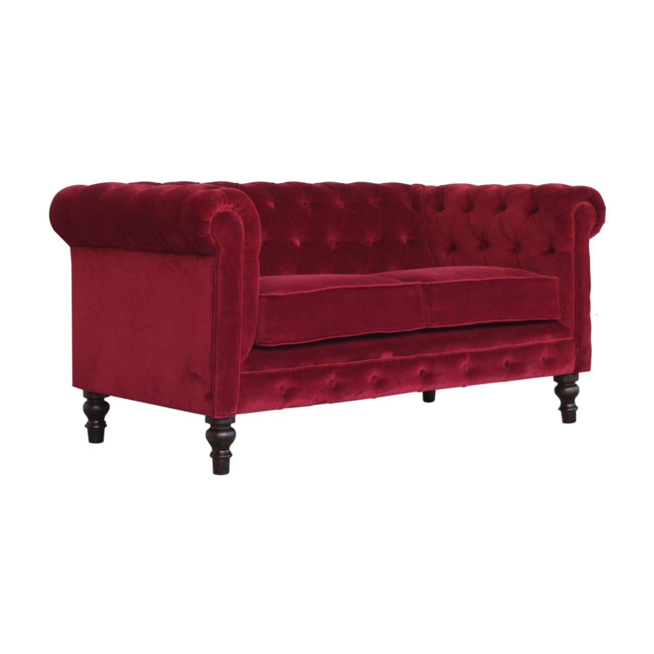 Luxurious Wine Red Velvet Chesterfield 2‑Seater Sofa with Walnut Legs