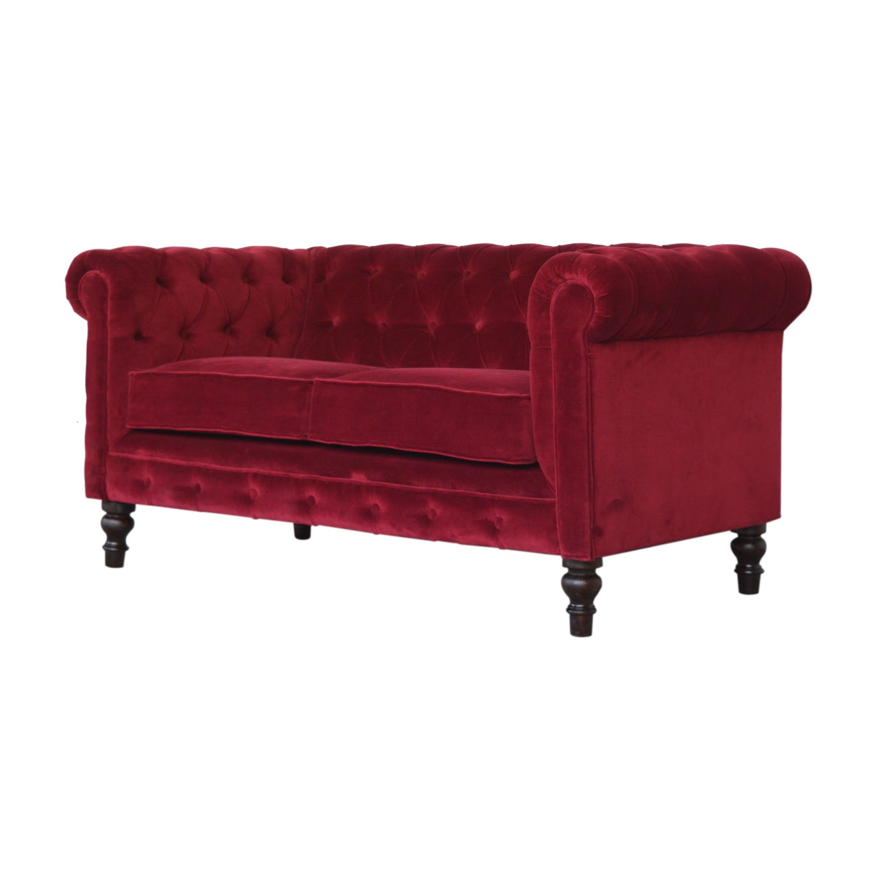Luxurious Wine Red Velvet Chesterfield 2‑Seater Sofa with Walnut Legs