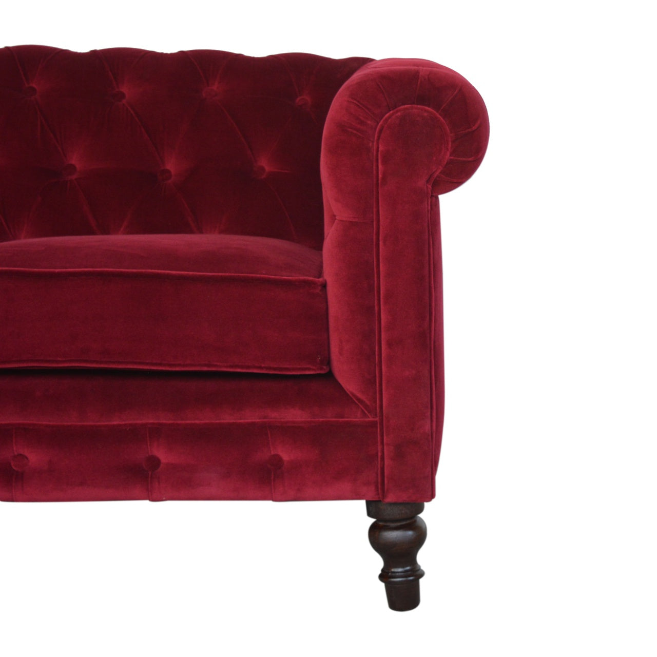 Luxurious Wine Red Velvet Chesterfield 2‑Seater Sofa with Walnut Legs