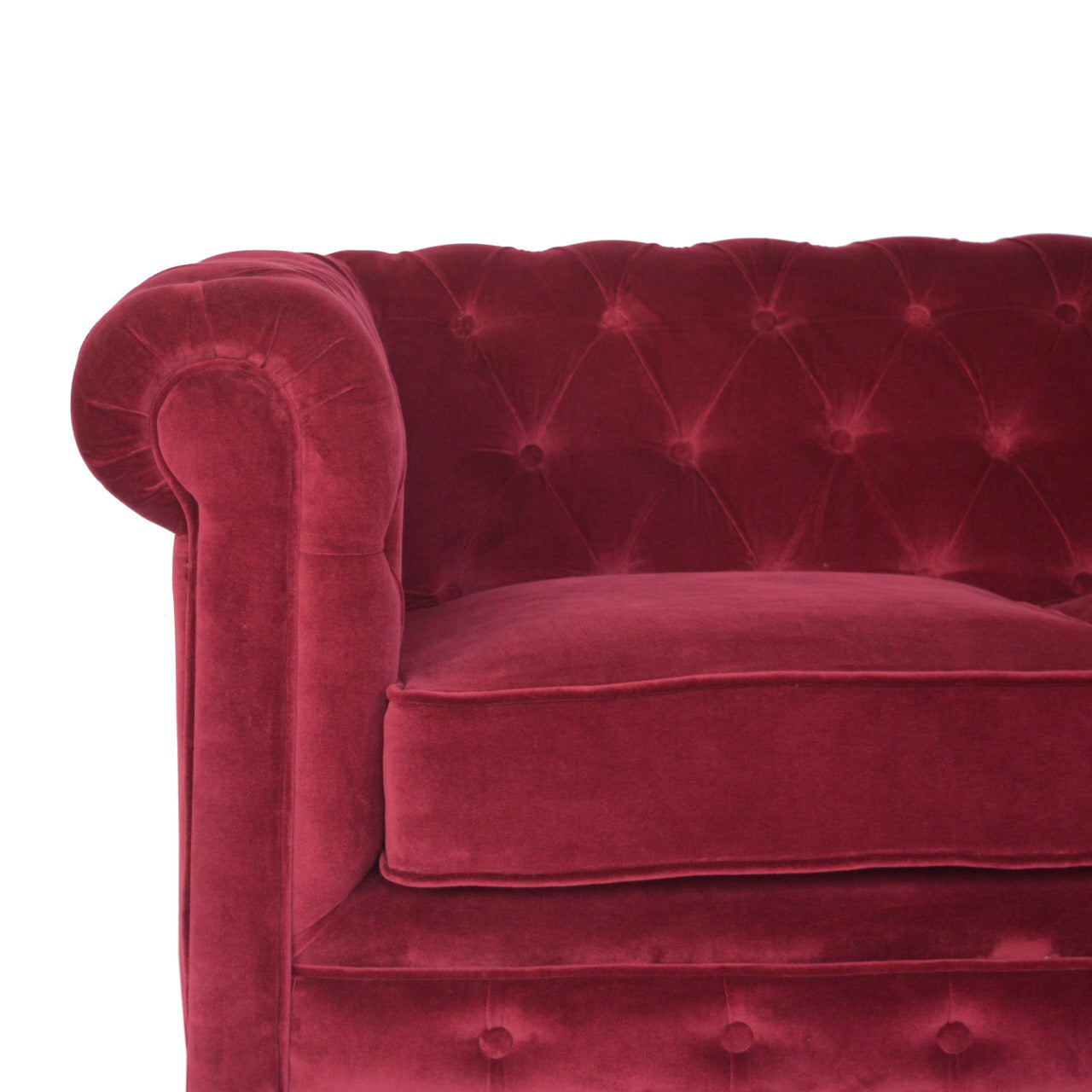 Luxurious Wine Red Velvet Chesterfield 2‑Seater Sofa with Walnut Legs