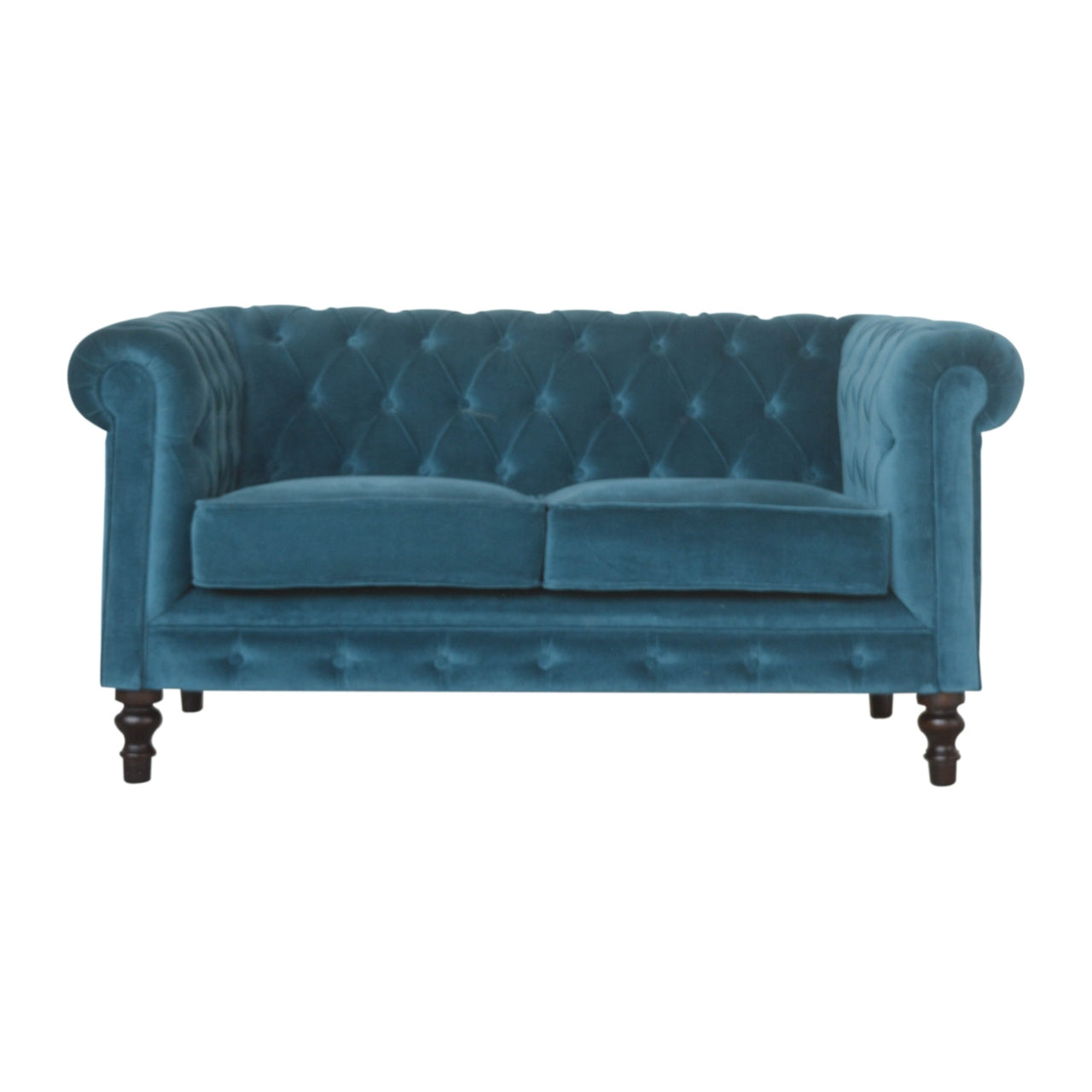 Luxurious Teal Velvet Chesterfield 2‑Seater Sofa with Walnut Feet