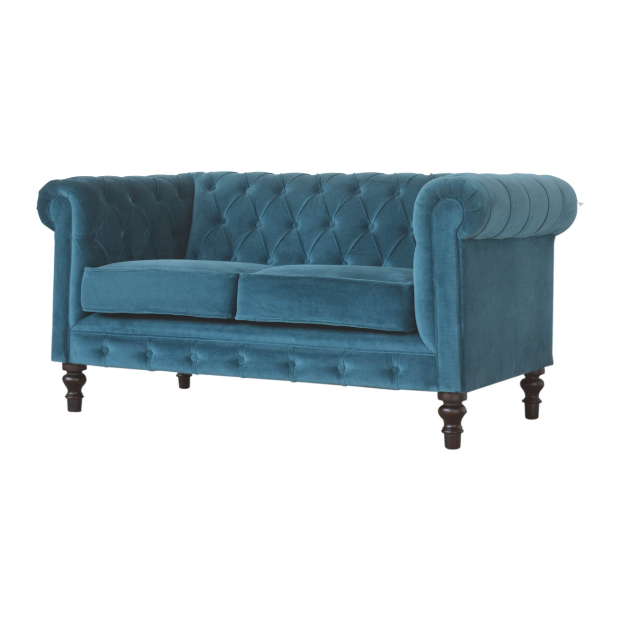 Luxurious Teal Velvet Chesterfield 2‑Seater Sofa with Walnut Feet