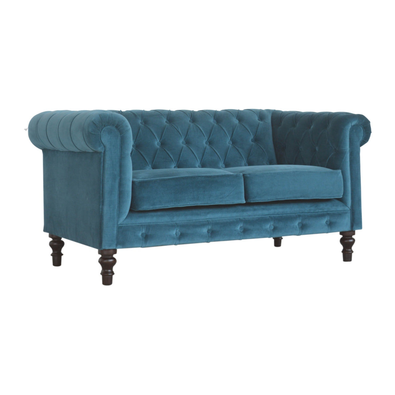 Luxurious Teal Velvet Chesterfield 2‑Seater Sofa with Walnut Feet