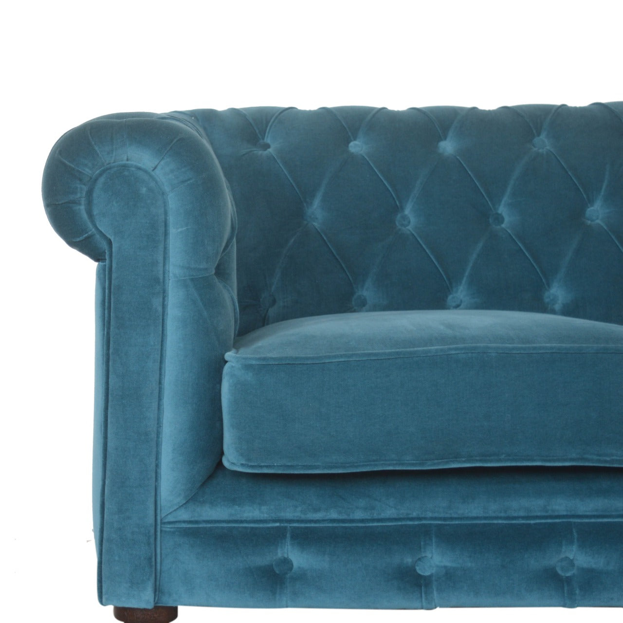 Luxurious Teal Velvet Chesterfield 2‑Seater Sofa with Walnut Feet