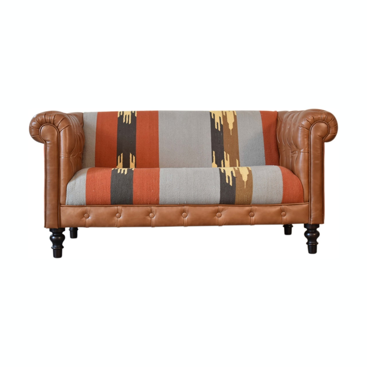 Durrie & Leather Mixed Sofa with Dark Walnut Legs