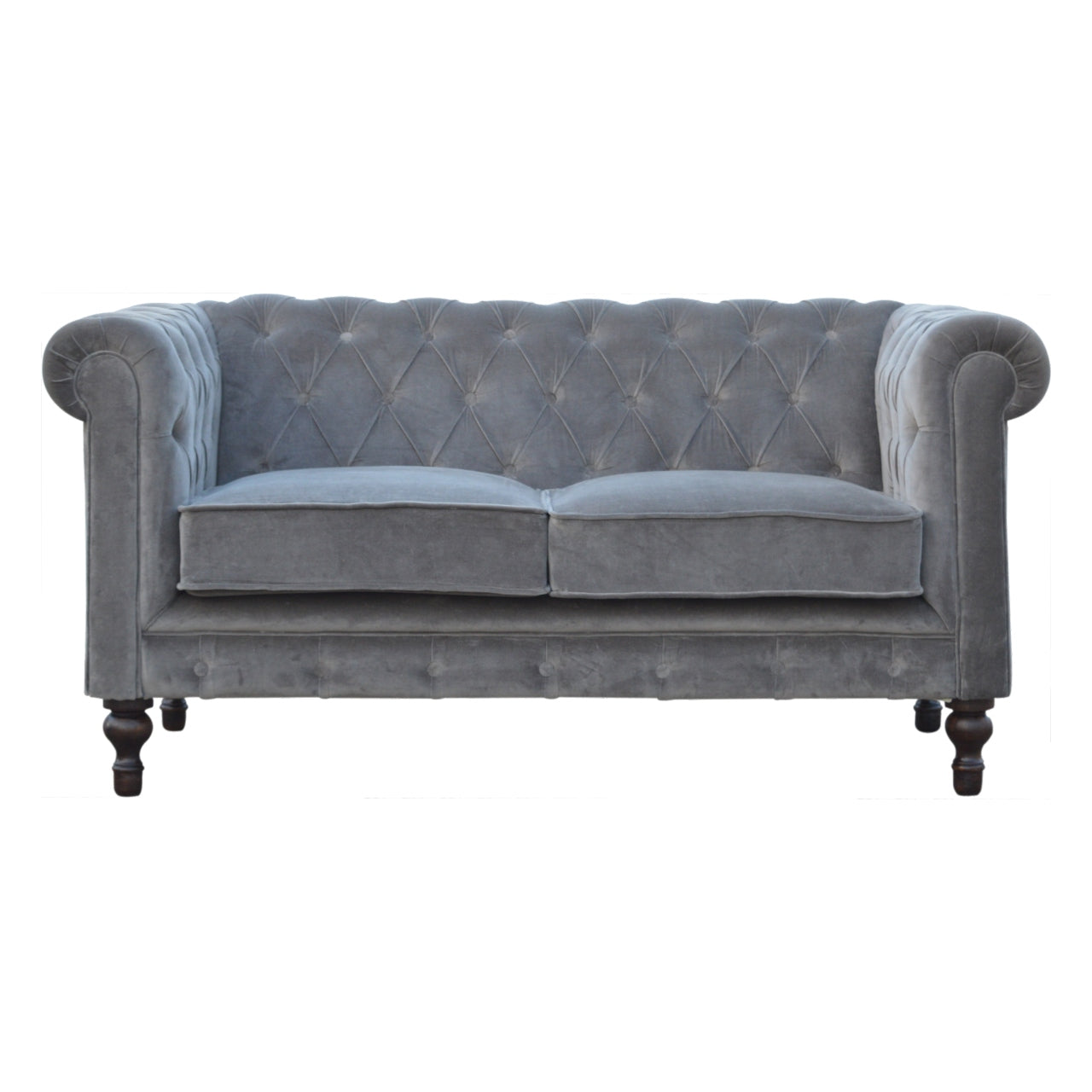 Luxurious Grey Velvet 2-Seater Chesterfield Sofa with Walnut Feet