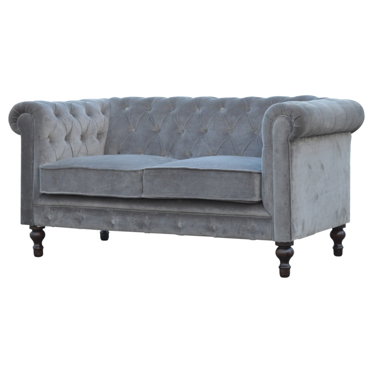Luxurious Grey Velvet 2-Seater Chesterfield Sofa with Walnut Feet