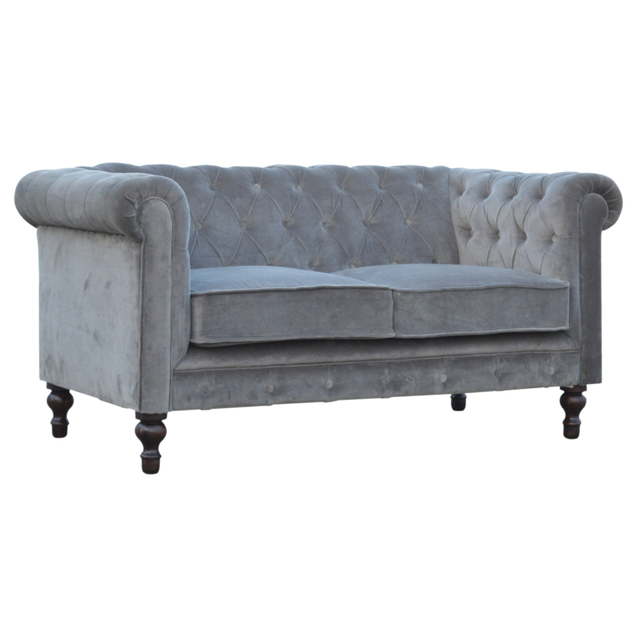 Luxurious Grey Velvet 2-Seater Chesterfield Sofa with Walnut Feet