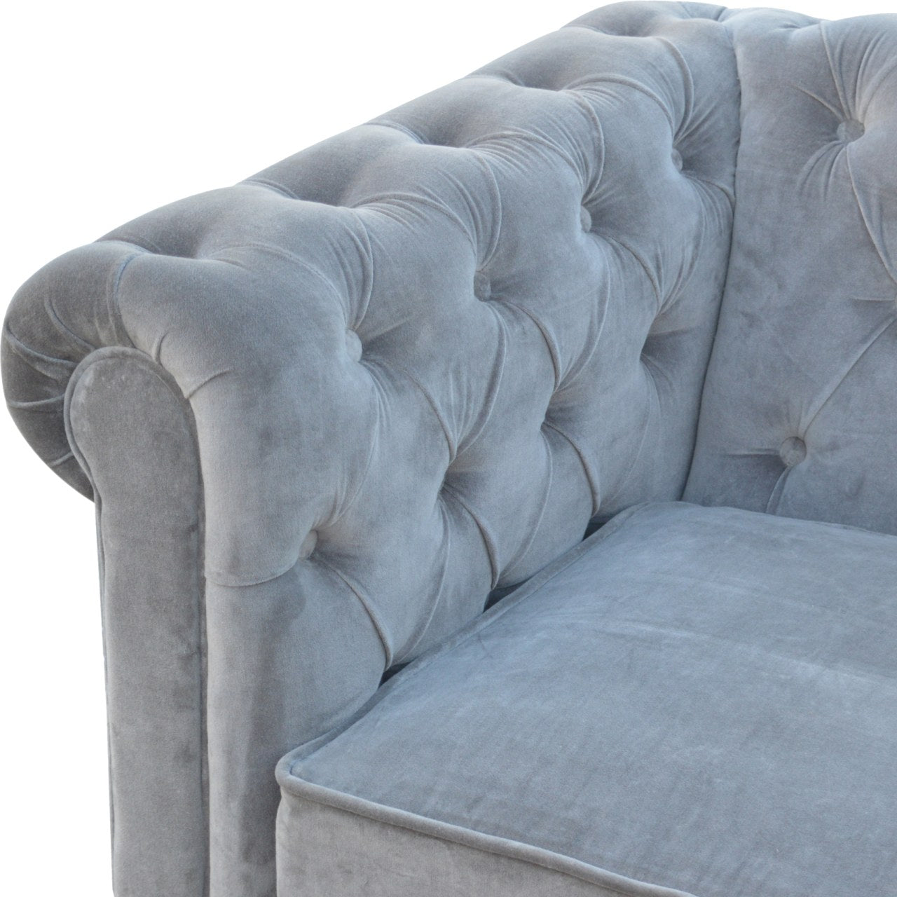 Luxurious Grey Velvet 2-Seater Chesterfield Sofa with Walnut Feet