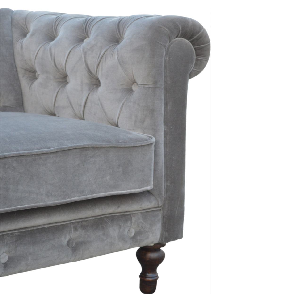 Luxurious Grey Velvet 2-Seater Chesterfield Sofa with Walnut Feet