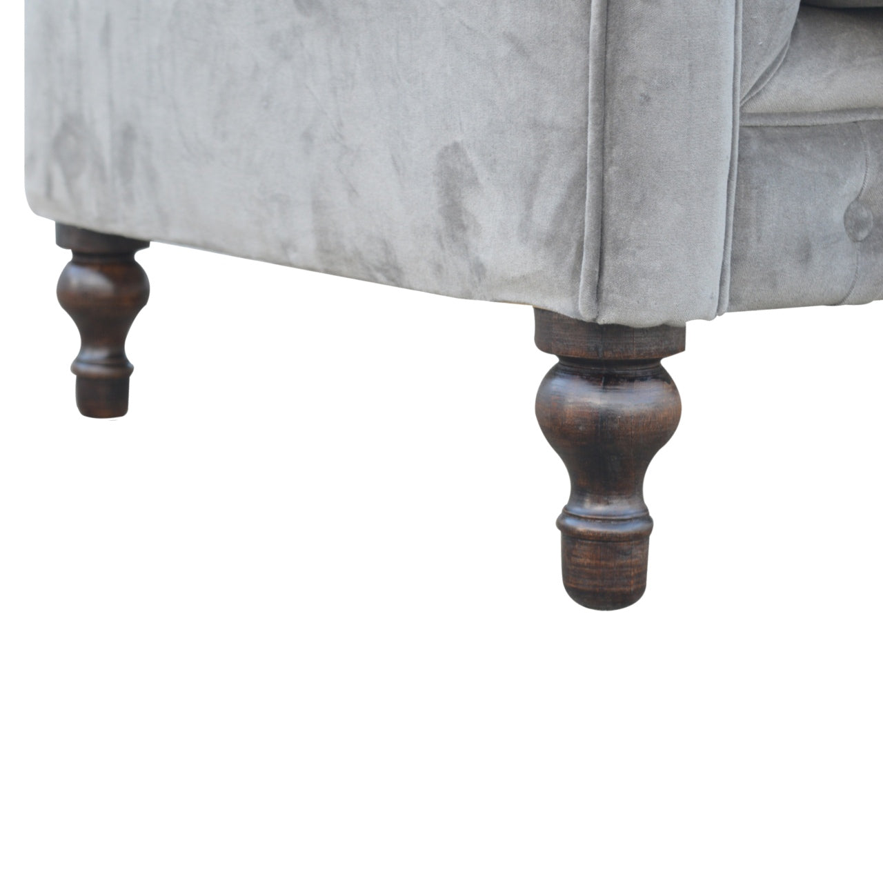 Luxurious Grey Velvet 2-Seater Chesterfield Sofa with Walnut Feet