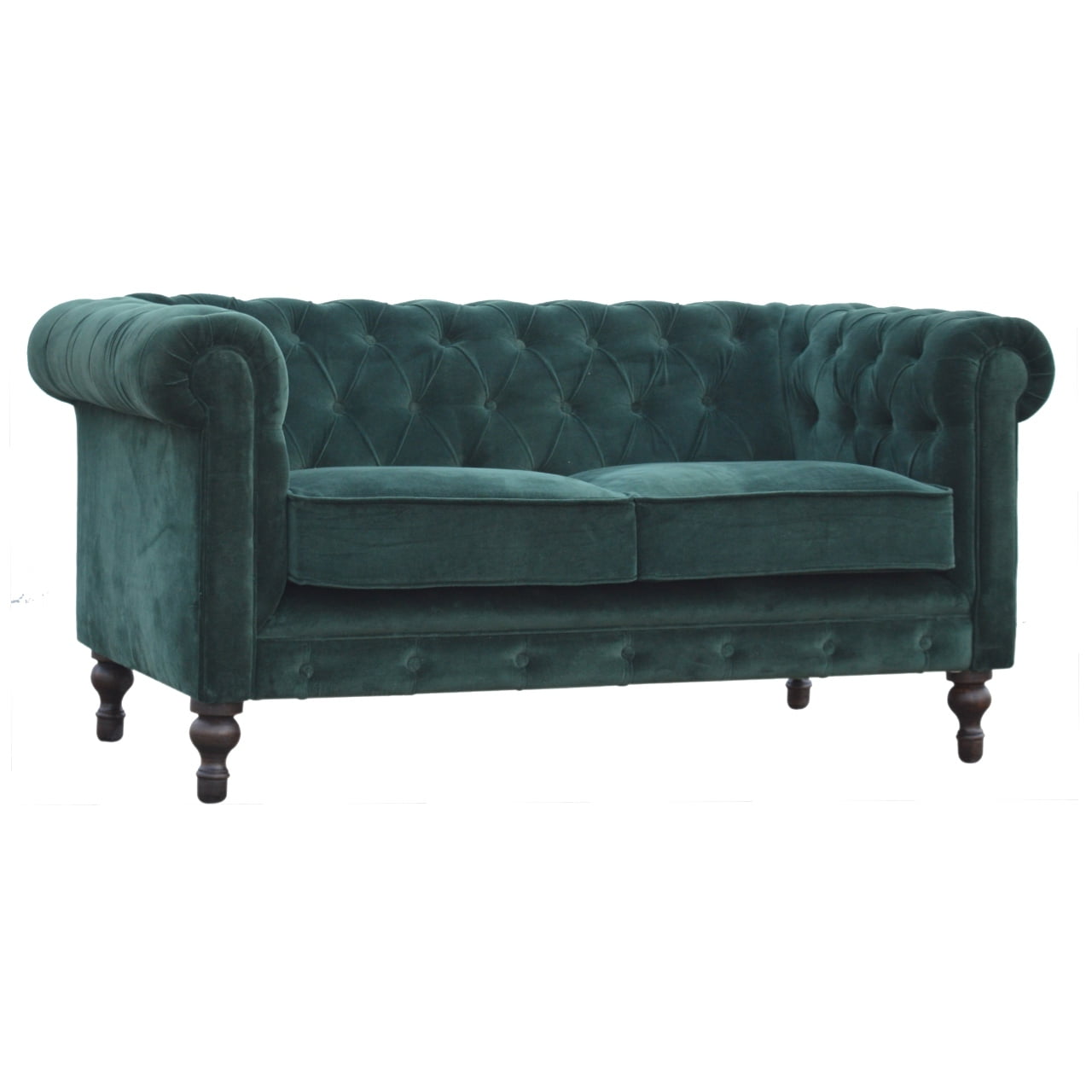 Emerald Green Velvet Two‑Seater Chesterfield Sofa with Walnut Feet
