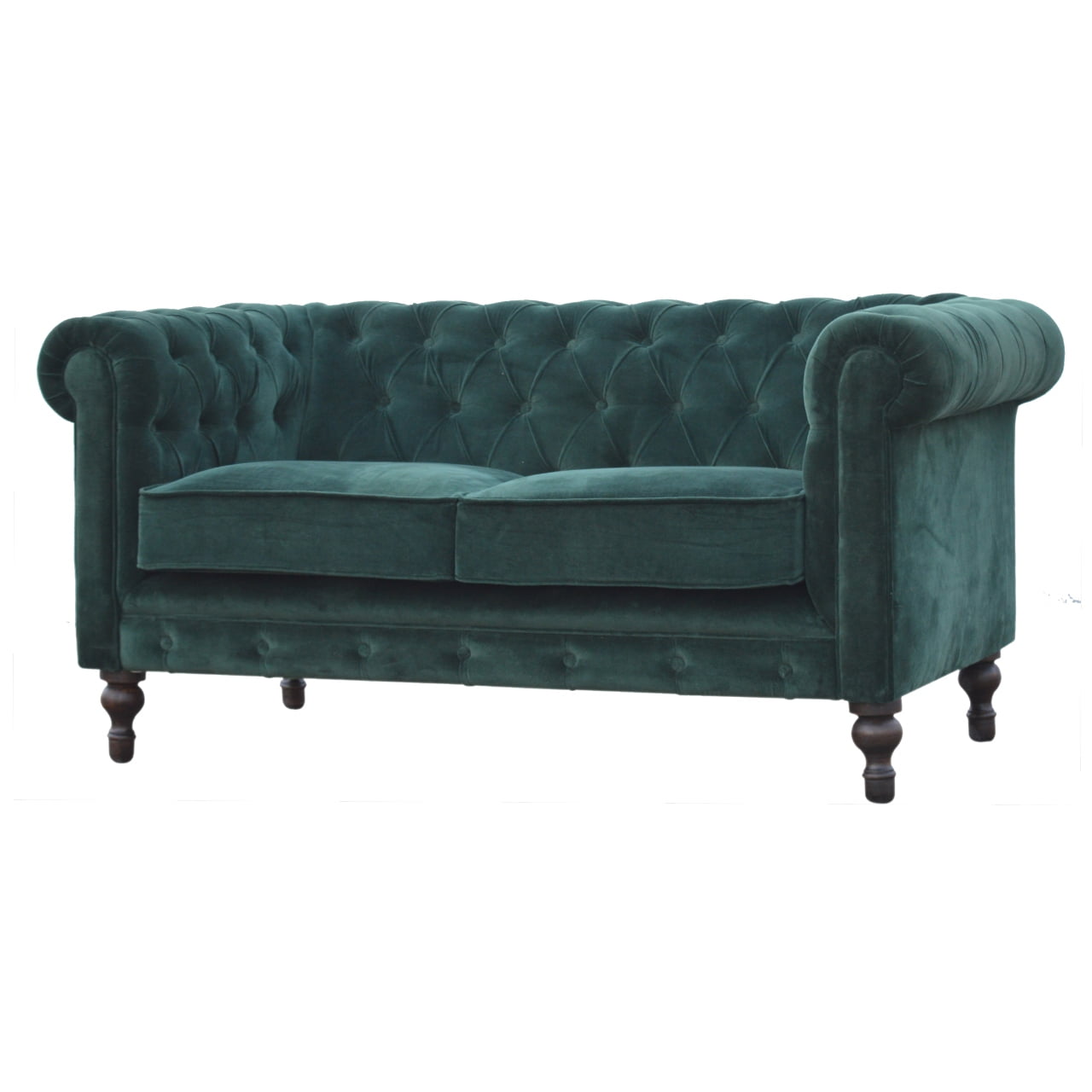 Emerald Green Velvet Two‑Seater Chesterfield Sofa with Walnut Feet