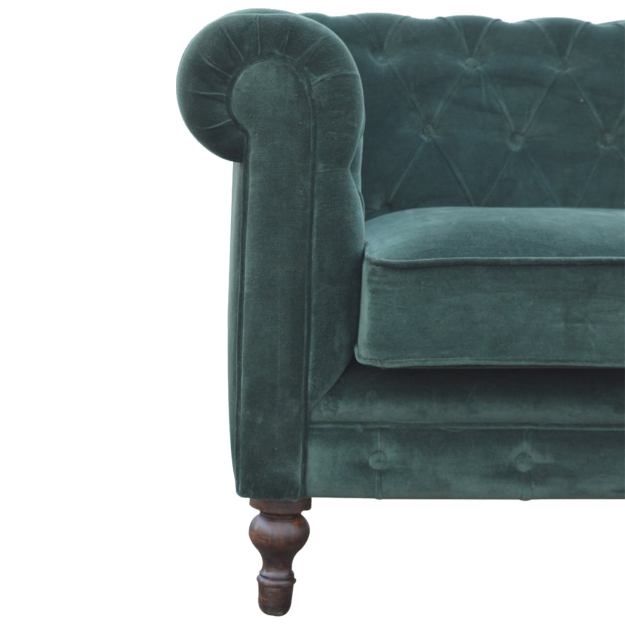 Emerald Green Velvet Two‑Seater Chesterfield Sofa with Walnut Feet
