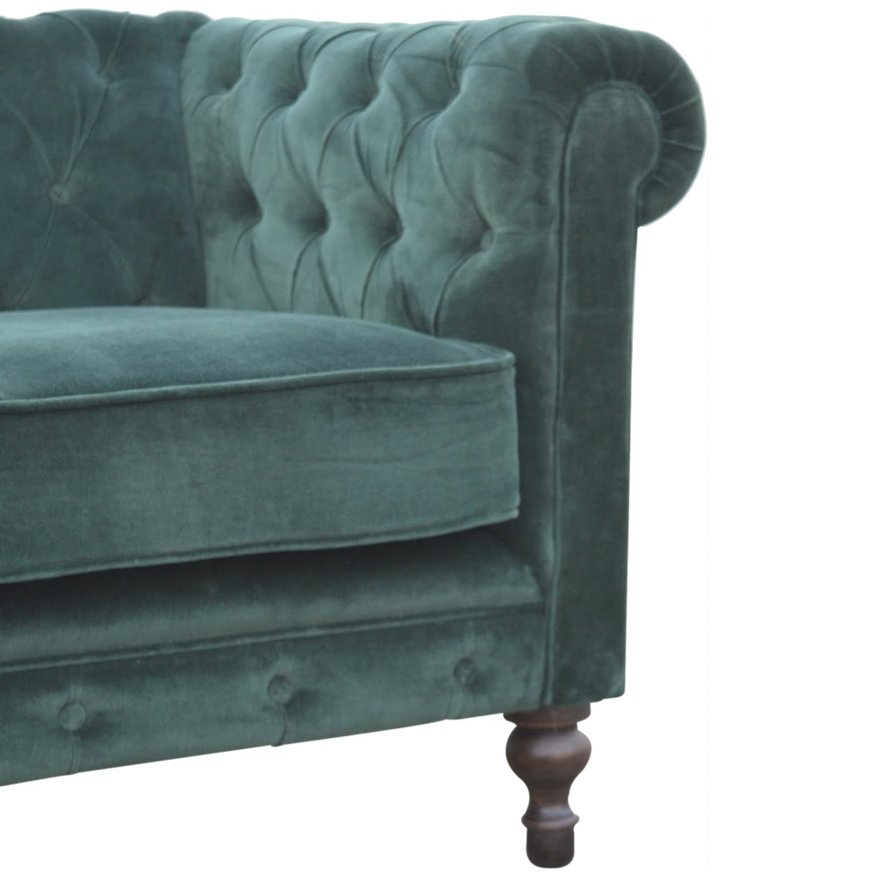 Emerald Green Velvet Two‑Seater Chesterfield Sofa with Walnut Feet
