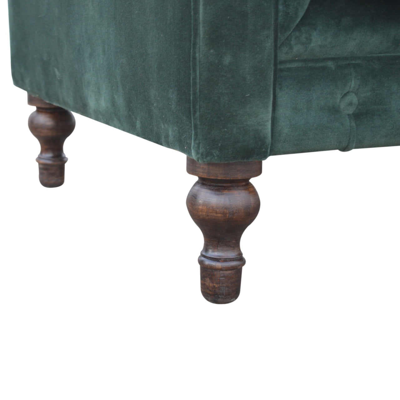 Emerald Green Velvet Two‑Seater Chesterfield Sofa with Walnut Feet