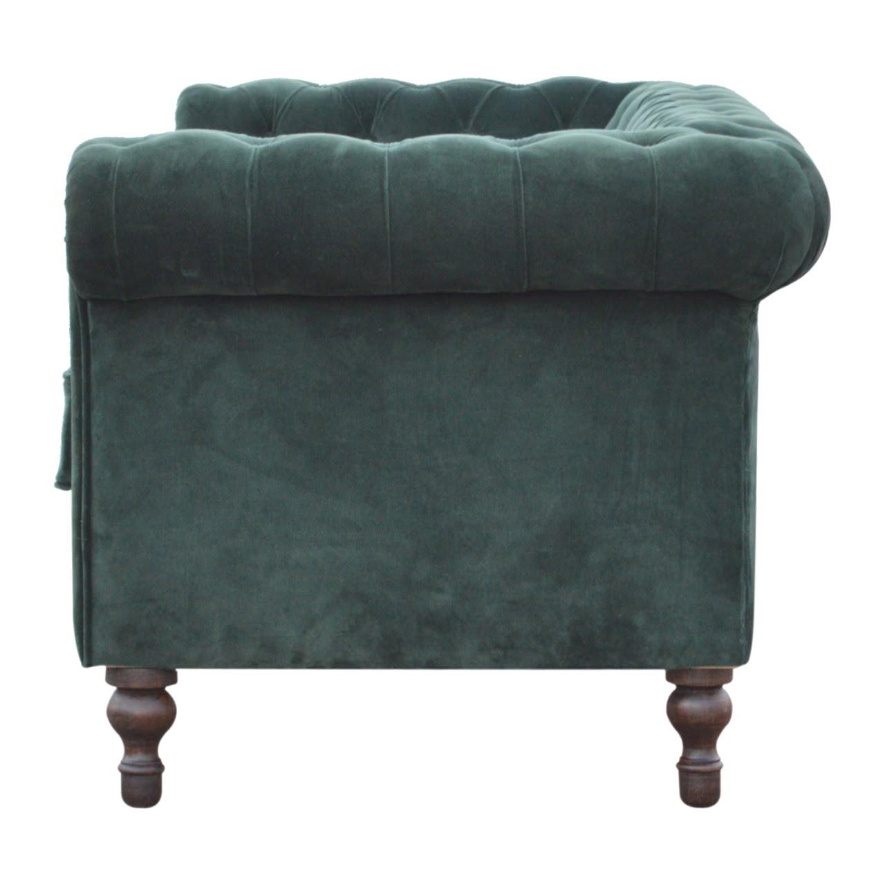 Emerald Green Velvet Two‑Seater Chesterfield Sofa with Walnut Feet