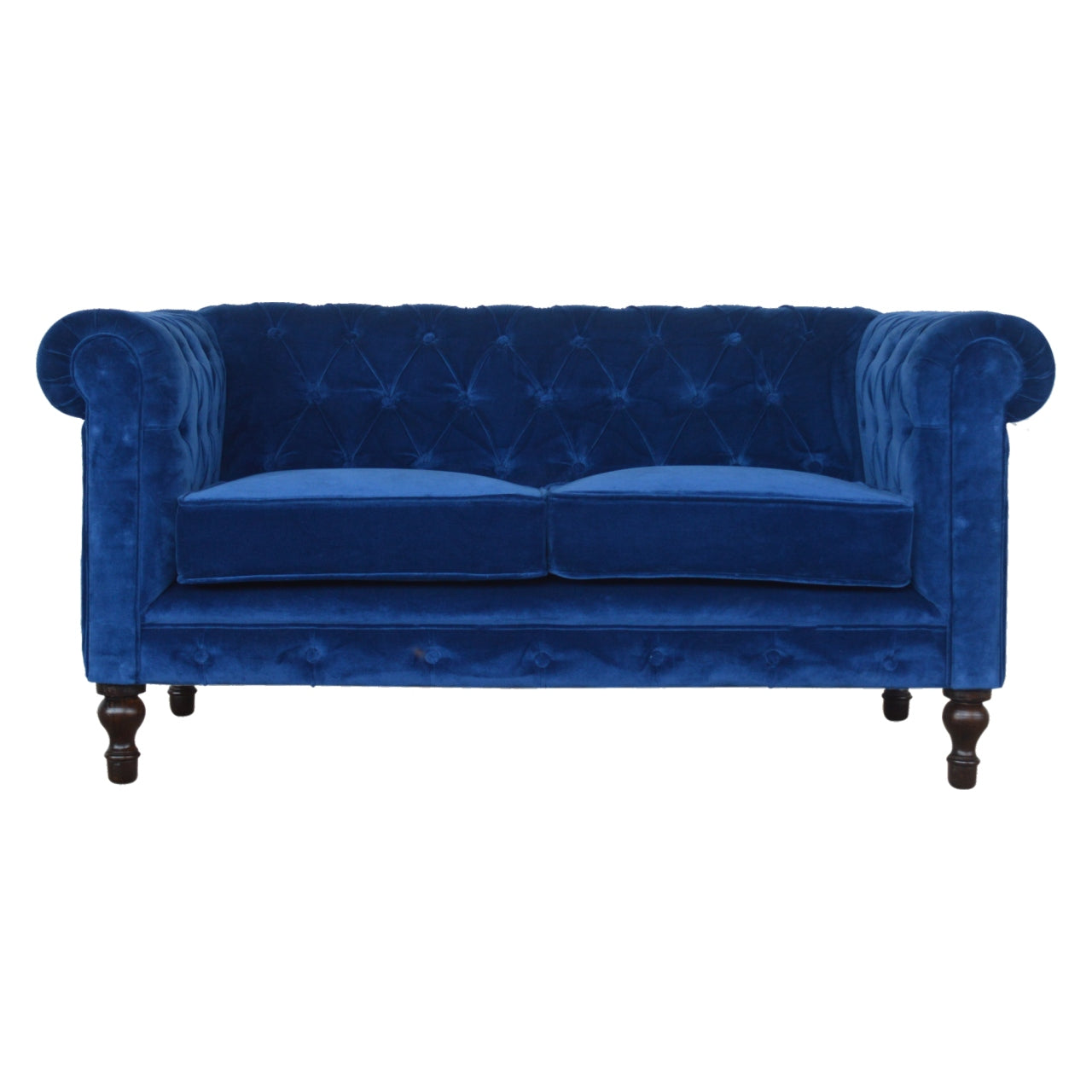 Royal Blue Velvet 2‑Seater Chesterfield Sofa with Walnut Feet