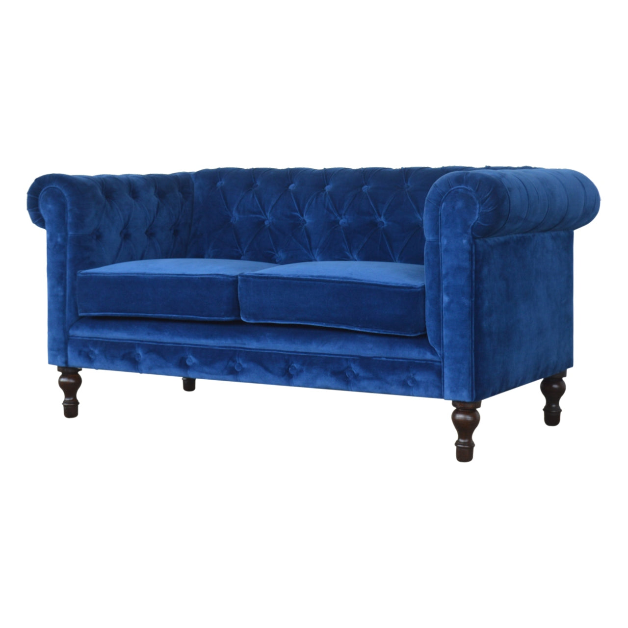 Royal Blue Velvet 2‑Seater Chesterfield Sofa with Walnut Feet
