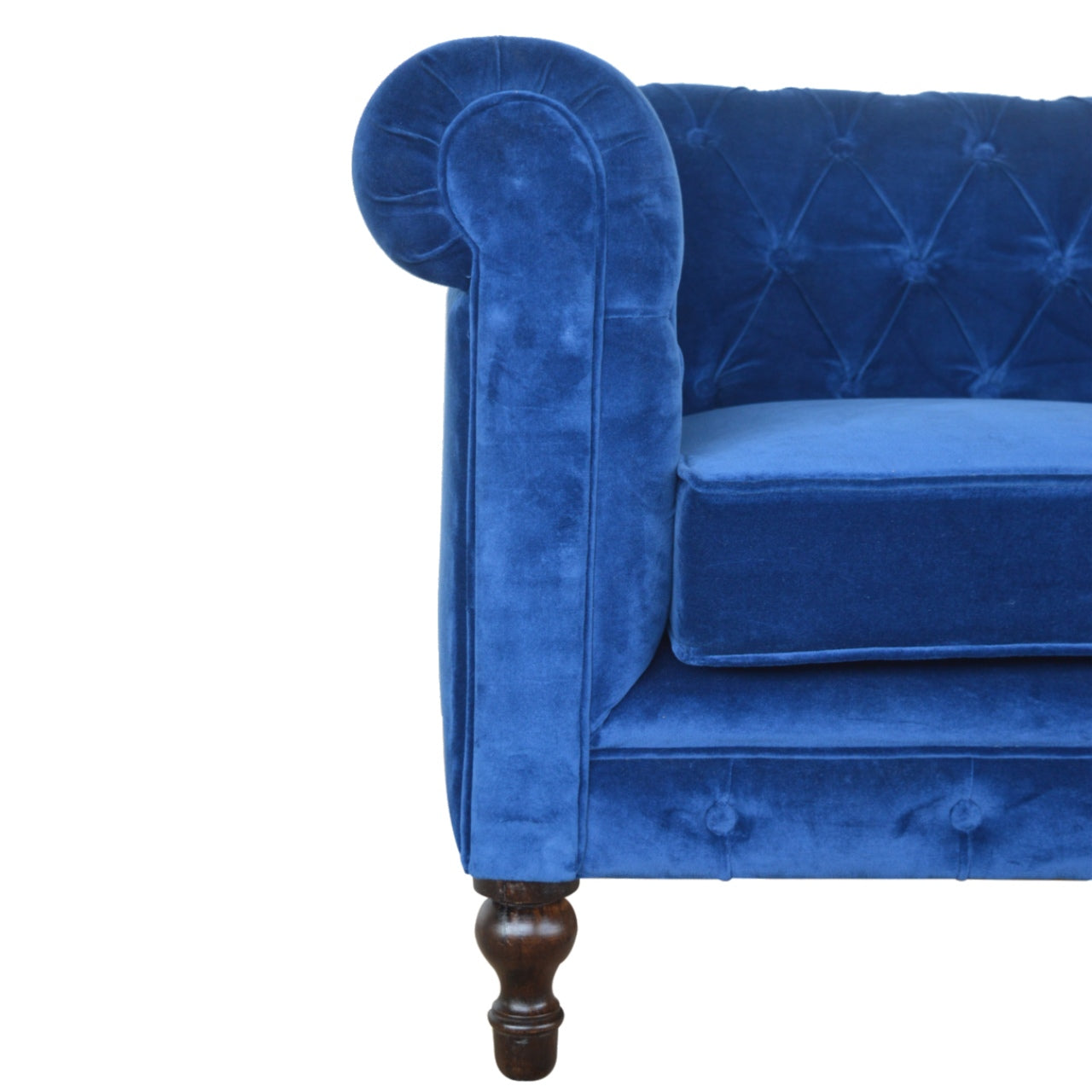 Royal Blue Velvet 2‑Seater Chesterfield Sofa with Walnut Feet