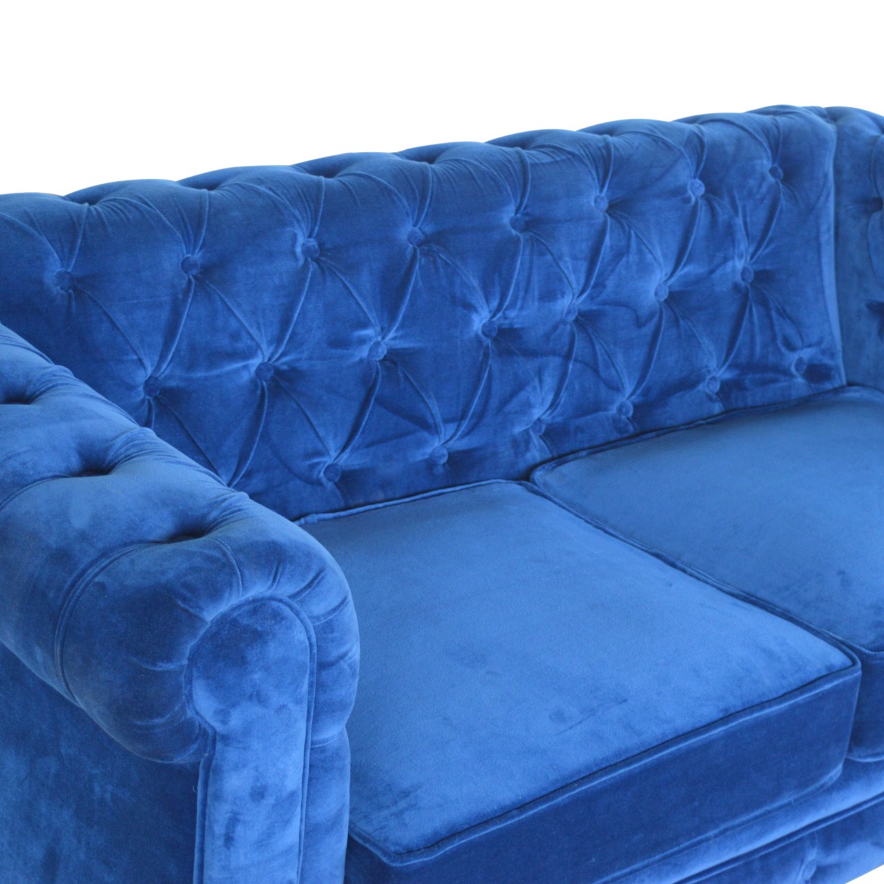 Royal Blue Velvet 2‑Seater Chesterfield Sofa with Walnut Feet