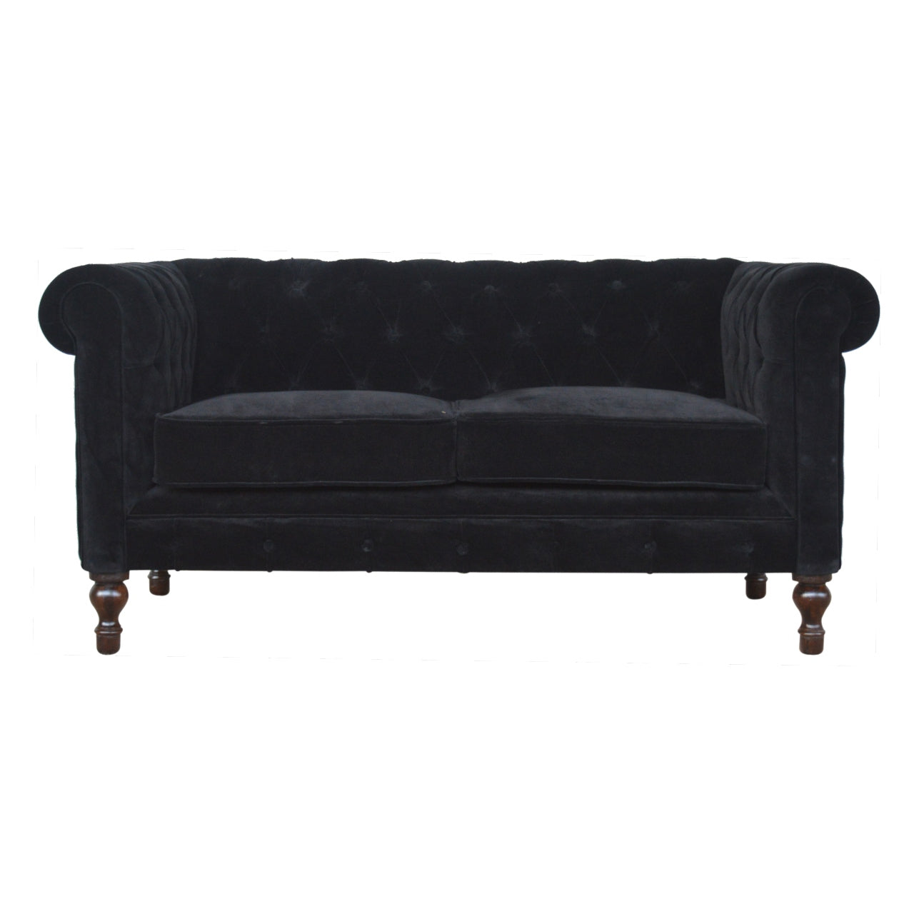 Elegant Black Velvet 2-Seater Chesterfield Sofa with Walnut Legs