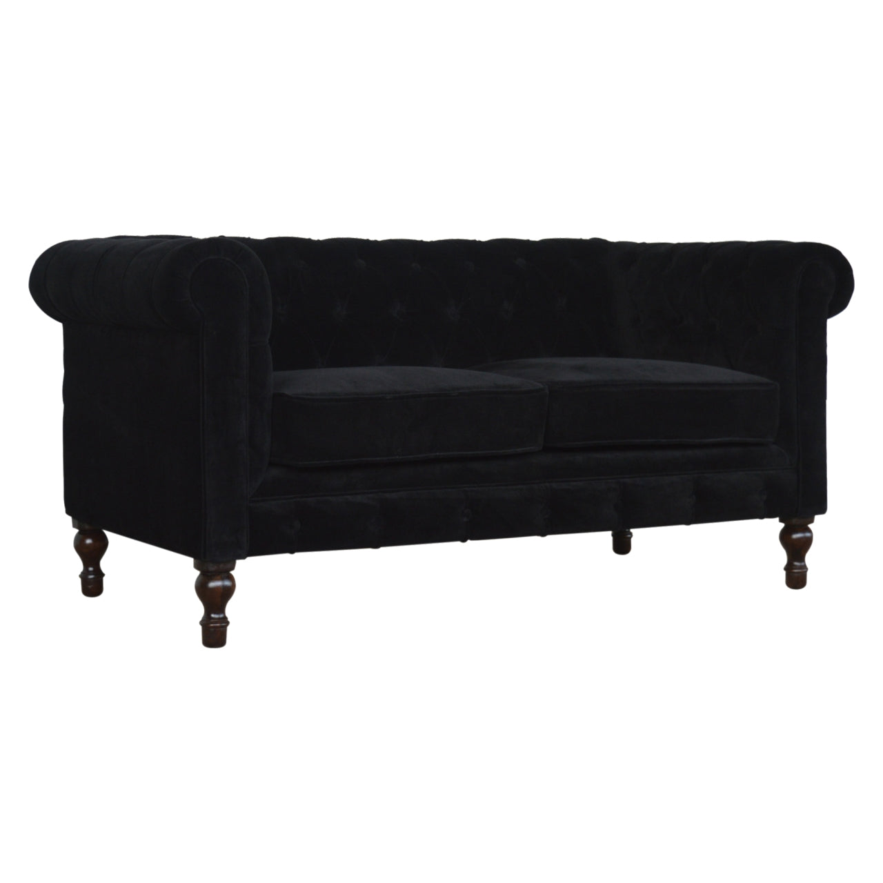 Elegant Black Velvet 2-Seater Chesterfield Sofa with Walnut Legs