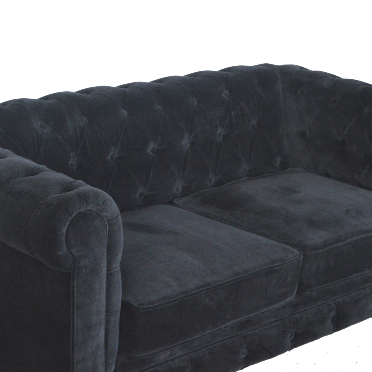 Elegant Black Velvet 2-Seater Chesterfield Sofa with Walnut Legs