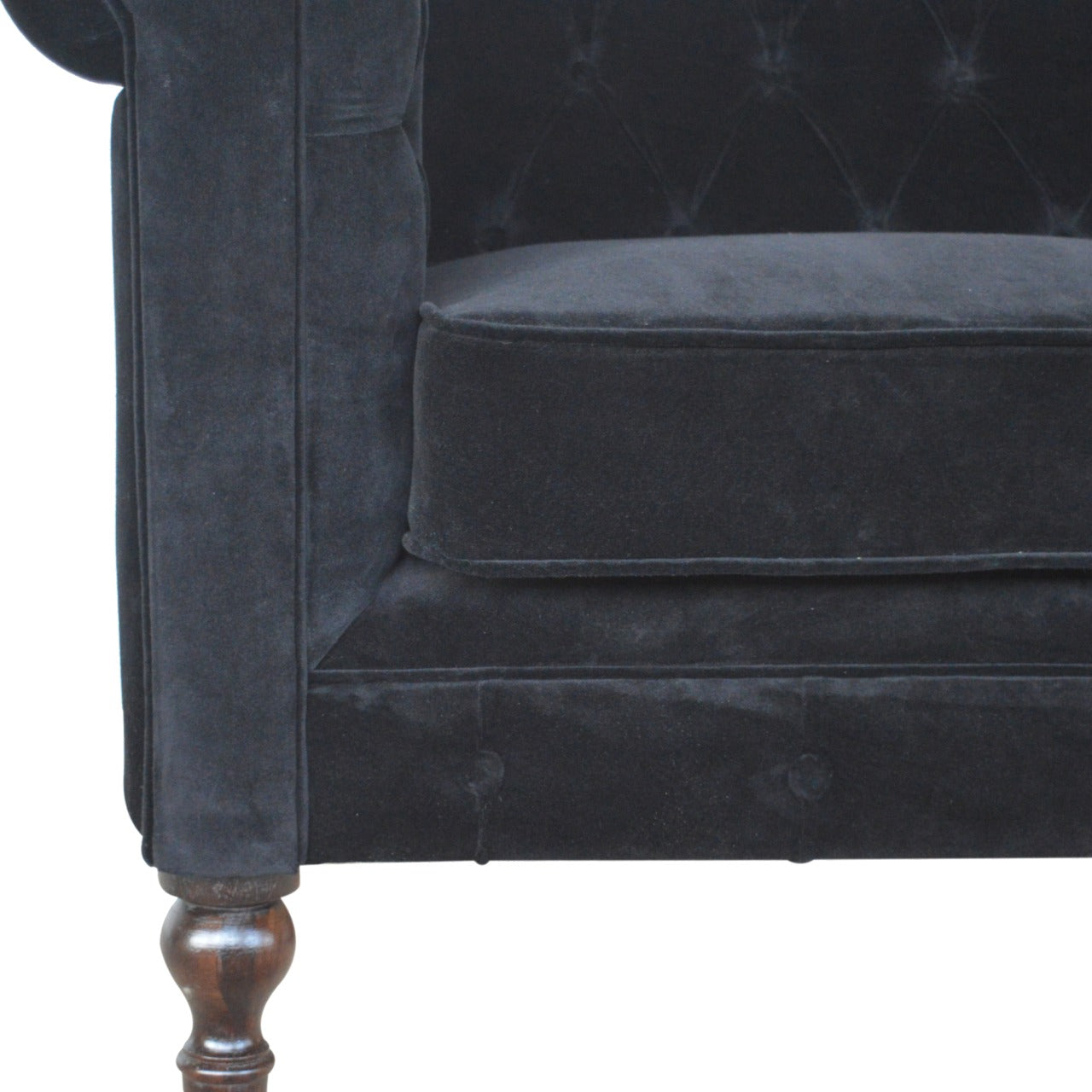 Elegant Black Velvet 2-Seater Chesterfield Sofa with Walnut Legs