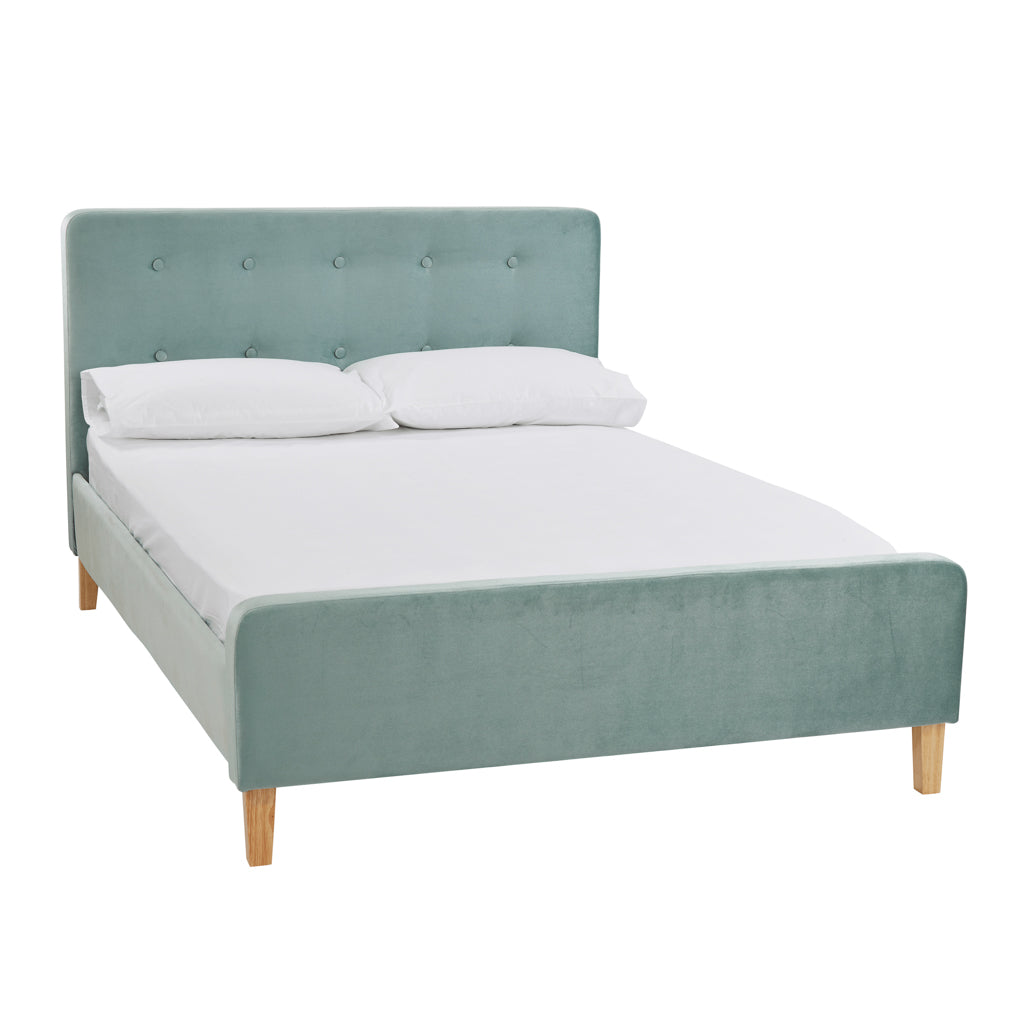 Chic Pierre Aqua Kingsize Upholstered Bed Frame: Plush Comfort, Elegant Design