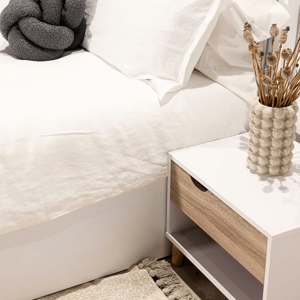Chic Scandinavian White Oak Bedside Cabinet with Drawer for Bedrooms