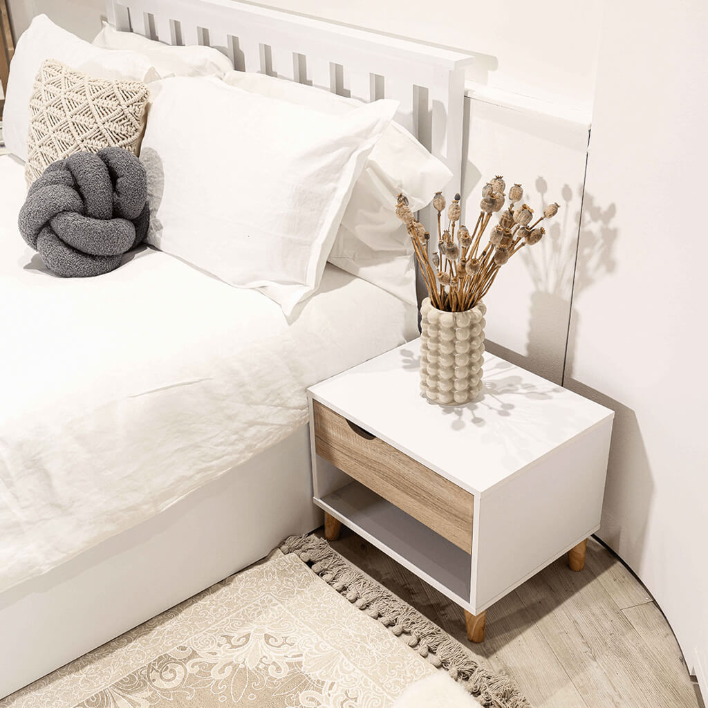 Chic Scandinavian White Oak Bedside Cabinet with Drawer for Bedrooms