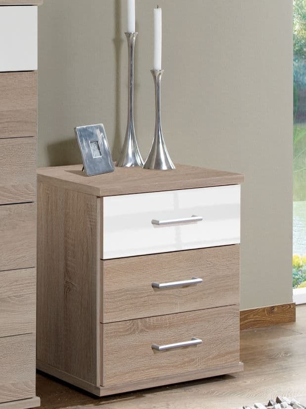 Anzo Modern White Gloss & Oak Effect 3-Drawer Bedside Cabinet Storage