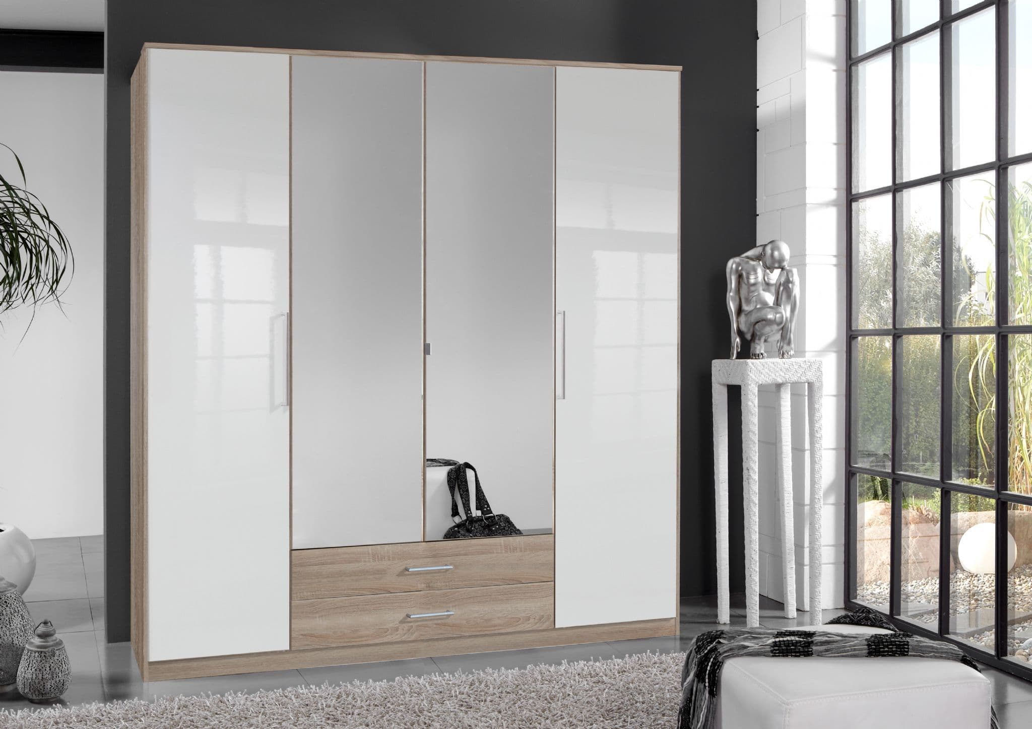 Anzo White Gloss Oak Effect 4-Door Wardrobe - Modern Bedroom Storage with Shelves & Rails