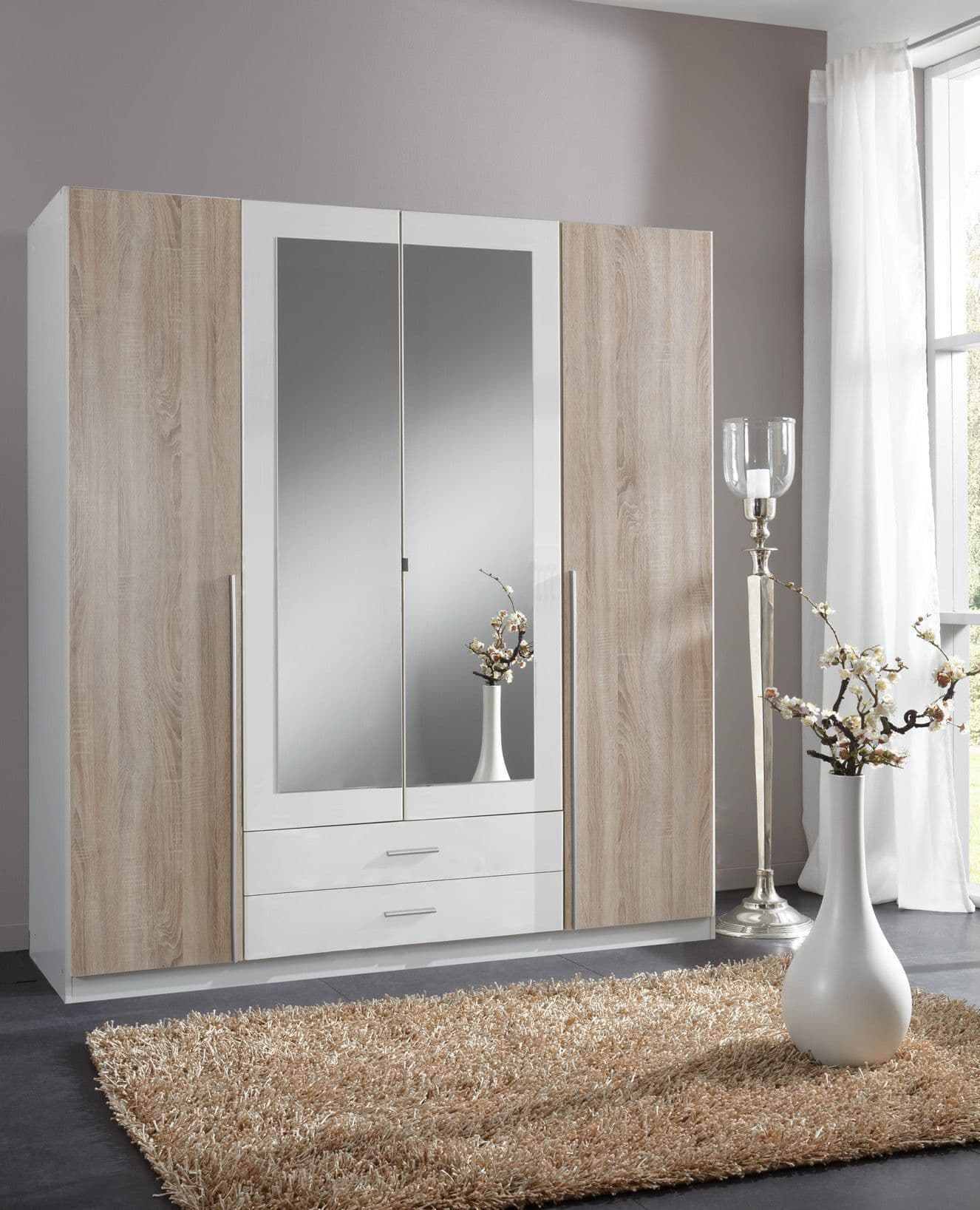 Artic White & Oak Effect 4-Door, 2-Drawer Wardrobe with Mirrored Panels