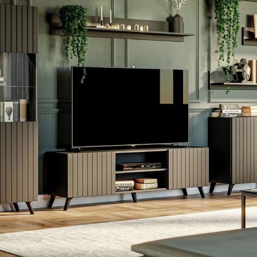 Atlantis Large Matte Black TV Cabinet: Modern Entertainment Unit with Storage Doors