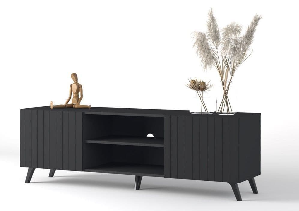 Atlantis Large Matte Black TV Cabinet: Modern Entertainment Unit with Storage Doors