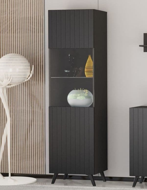 Sleek Atlantis Matte Black Tall Display Cabinet with Glass Door, 4 Shelves